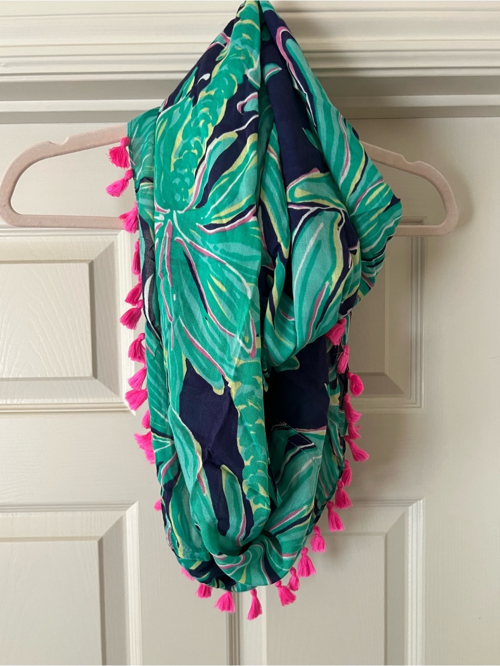 Lilly Pulitzer Green & Navy Floral Infinity Scarf with Hot Pink Tassels